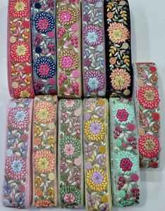 Custom Made Embroidered Thread Work Laces with Multi Coloured Options in Thread Embroidery in 1.5 Inch Width on Net Fabric - Product Image 6