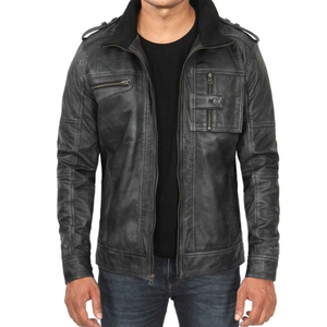 Chaqueta de piel de motorista de piel de cordero para hombre, 4 bolsillos exteriores y dos interiores, cierre de cuello con cremallera, logotipo frontal negro desgastado personalizable - Product Image 4