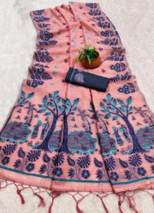 Nouveau Sari Indien pour Femme en Tissu de Soie de Coton Muga Doux, Motif Classique Tendance et Fantaisie Floral, avec Broderie Latkan et Effet Drapé Instantané - Product Image 5