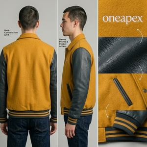 Blouson universitaire noir moutarde en laine avec manches en cuir, col et poignets en tricot côtelé, fermeture à boutons-pression, logo personnalisé, streetwear, vêtement d'extérieur pour homme - Product Image 5