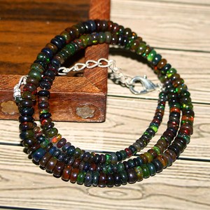Collar de Plata de Ley con Cuentas Redondas Negras Naturales, 16 Pulgadas, Joyería de Ópalo de Fuego Etíope Genuino de Alta Calidad para Niños - Product Image 3