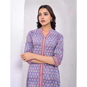 Kurti Azul de Algodón con Estampado de Bloques, Ropa Tradicional India Étnica Cosida para Uso Diario, Fiestas y Ocasiones Especiales, Tela de Red - Product Image 5