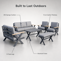 Ensemble de canapés d'extérieur modernes en aluminium 5 pièces, dossier haut, 3 places, 2 fauteuils, table basse pour jardin, salle à manger, patio, balcon, lavable