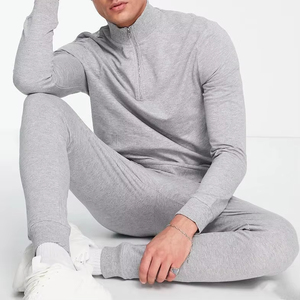 Haute qualité 100% coton hommes fermeture éclair à manches longues polo pantalon ensemble personnalisé décontracté hiver survêtement en français éponge blanc - Product Image 3