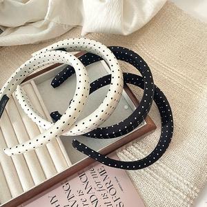 عصابة رأس مبطنة من الساتان بنقشة البولكا دوت، عصابة رأس أنيقة باللونين الأسود والأبيض، إكسسوارات شعر من القماش بتصميم عشرينيات القرن الماضي - Product Image 4