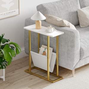 <b>White</b> and Gold <b>Narrow</b> Side <b>Table</b> C Shaped Modern End <b>Table</b> for Couch or Bed Small Faux Marble <b>Bedside</b> Accent <b>Table</b> - Product Image 1