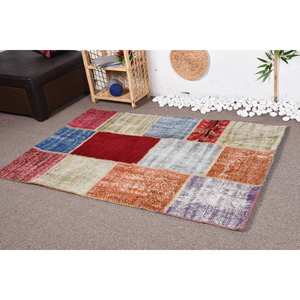 Alfombra de retazos Beige de estilo turco Vintage moderna, Alfombra de lana de área grande de 4x5,8 pies con respaldo de látex para sala de estar o cama - Product Image 2