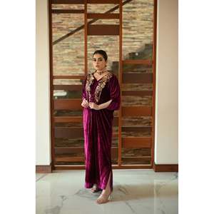 Luxury Modest Empire Waist <b>Velvet</b> Evening <b>Dress</b> for Women | Embroidered Kaftan Maxi <b>Dress</b> | Winter Wedding Formal Wear | - Product Image 1