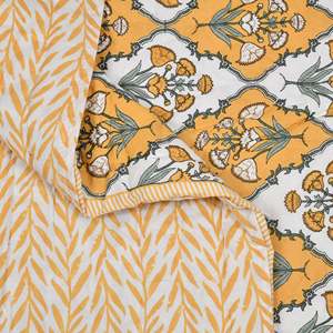 Edredón de algodón de un solo tamaño hecho a mano con patrón Kantha y estampado de flores amarillas para inviernos ligeros-Uso de cama (150x225 Cm) - Product Image 6