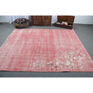 6.6x7.9 ft Turkish Rug, Vintage Rug, <b>Red</b> Check <b>Wool</b> Rug - Product Image 3