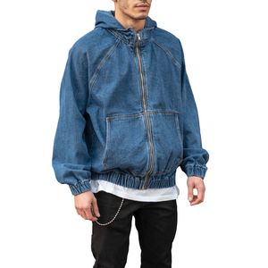 Veste d'hiver en denim à capuche pour homme, surdimensionnée, 90% coton, 10% polyester, entièrement zippée, bleu marine, vente en gros OEM 2023 - Product Image 3