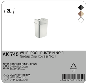 Poubelle compacte Afossa AK 745 2L en plastique gris et blanc avec couvercle à bascule, en PP efficace, pour la gestion des déchets et le rangement - Product Image 6