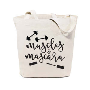 Solid Color Gym Cotton Canvas Tote Bag with Open Closure Muscles and Mascara Design - Product Image 1