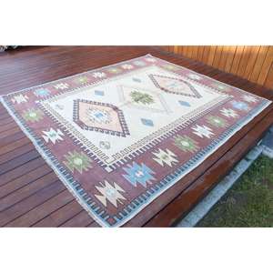 Alfombra Vintage de 6x7.1 pies, Alfombra Turca Grande, Alfombra Sólida Marrón Azul - Product Image 2