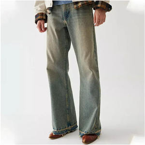 Pantalones vaqueros acampanados con logotipo personalizado al por mayor, ropa de calle clásica para hombre, pantalones vaqueros Vintage con dobladillo crudo, pantalones vaqueros holgados de pierna recta para hombre - Product Image 3