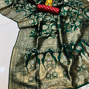 Saree Handloom Designer en soie pure avec bordure tissée Zari Fête traditionnelle en coton et fonction de mariage Wear Sari - Product Image 1