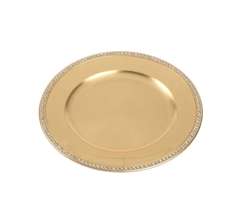 Rose Gold Plated Round Serving Food Restaurant & Hotels Tableware Charger Plate with Diamond Beaded Border