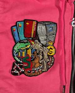 Personalizado de gran tamaño de peso pesado Vintage Stone Wash apliques bordado parche desgastado Rhinestone Boxy Zip up Sudadera con capucha para hombres - Product Image 5