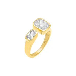Trendy Fashion Jewelry 925 Sterling Silver 14K/18K Gold Plated Vermeil Designer Double CZ Diamond Emerald Cut Bezel Open Ring
