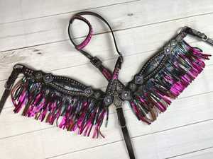 Juego de Peto de cabeza de cuero de vaca Rosa metálico, tachuela de flecos Galaxy para SILLÍN inglés, sillín de carreras de caballos, sillín occidental indio - Product Image 5