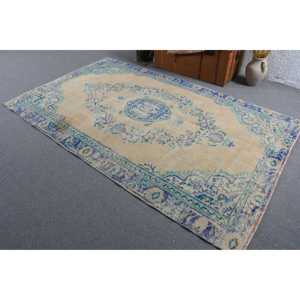 Tapis turc vintage 5,3x8,5 pieds, grand tapis oriental en laine bleu - Product Image 4