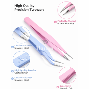 Kit de 2 Pinzas para Pestañas, Color Rosa y Azul, Punta Recta y Curva, Herramientas para Extensión de Pestañas de Volumen y Aislamiento - Product Image 3