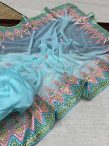 Celebre el verano con estilo, saris de trabajo bordados únicos de Fashionharbour, blusa ricamente adornada, tela Georgette para fiestas - Product Image 2