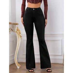 Jean évasé vintage rétro pour femme, taille haute, en denim noir, coupe évasée, extensible, durable, aspect impeccable, finition premium, tailles 26 à 40 - Product Image 1