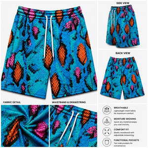 Pantalones Cortos de Baloncesto de Malla con Estampado de Serpiente Pitón Neón Premium para Hombre y Mujer, Patrón Vibrante de Reptil Azul, Rosa y Naranja, de Alto Rendimiento - Product Image 2