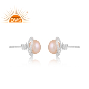 New Arrival Fine Sterling Silver Natural Cz And Pink Pearl Gemstone <b>Stud</b> <b>Earring</b> Jewelry Manufacturer - Product Image 3