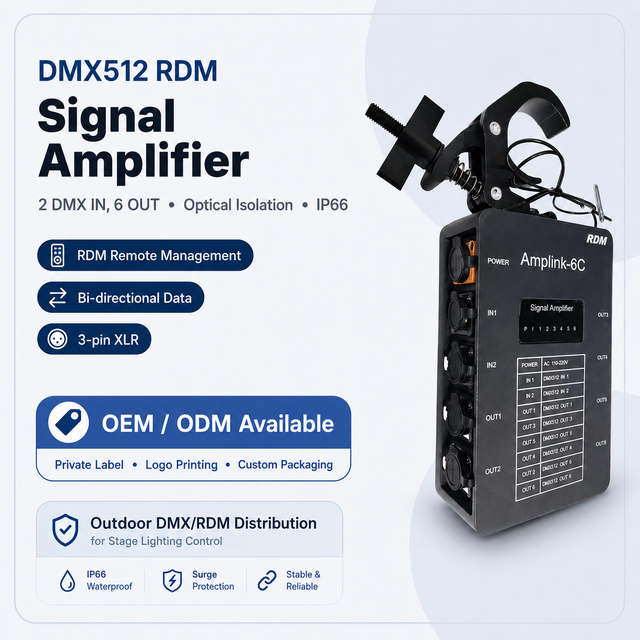 IP66 2 in 6 Out DMX/RDM Signal Amplifier DMX512 Splitter Distributor with Optical Isolation for Stage Lighting