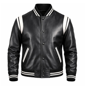 Unisex Black Genuine <b>Leather</b> Varsity <b>Jacket</b> Classic Baseball Style Casual Fashion <b>Jacket</b> Waterproof Breathable Eco-Friendly - Product Image 1