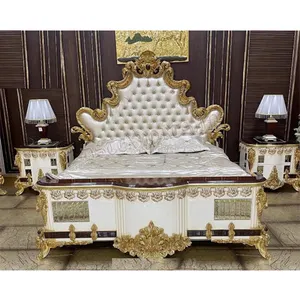 로코코 디자인 클래식 무거운 조각 나무 침대 유럽 스타일 티크 나무 킹 사이즈 침대 럭셔리 단단한 나무 골드 손 조각 침대