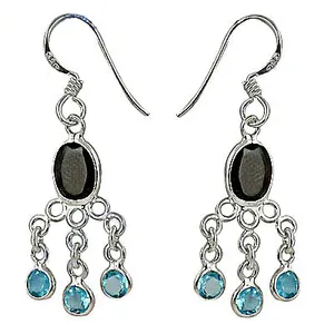 Boucles d'oreilles pendantes en argent 925 avec zircon bleu et onyx noir serti clos, design goutte d'eau, pour femme, style bohème, usage quotidien - Product Image 2