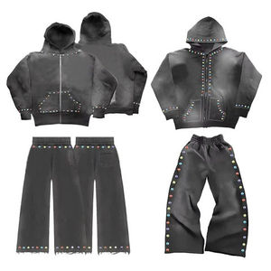 Vente en gros de sweat-shirts à capuche unisexes en molleton respirant à fermeture éclair effet délavé avec pantalon de survêtement évasé imprimé de strass vintage personnalisé OEM régulier - Product Image 5