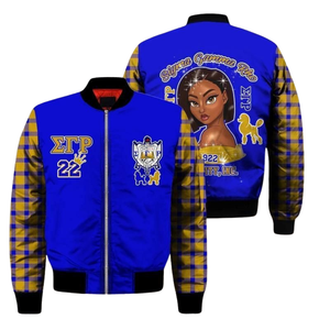 Chaqueta Universitaria de Satén SGRho Sigma Gamma Rho Azul Dorado 1922 Bordada, Chaqueta Bomber para Mujer de la Hermandad Griega - Product Image 3