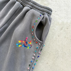 OEM coton éponge français poids lourd Baggy Gym acide lavage perle clouté strass diamant pantalons de survêtement hommes - Product Image 3
