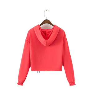 Women's Coral Cropped Hooded Sweatshirt Asymmetric Lace-Up Design Full Sleeve Knitted Solid Color Autumn Wear - Product Image 3
