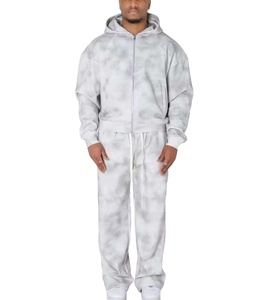 Winter Street Style Mid Waist Heavy Fleece Light Grey <b>Tie</b> Dye Tracksuit for Men Zip Up Hoodie and Sweatpants Set Streetwear - Product Image 1