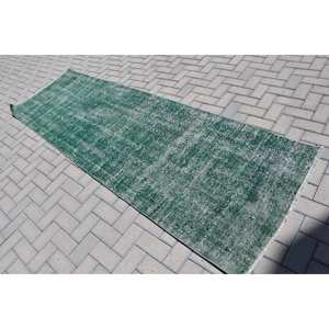 Alfombra Turca Vintage de Lana Verde Ecológica de Pelo Medio, 31 x 102 pies, Diseño Clásico Rectangular Grande con Parches para Comedor - Product Image 2