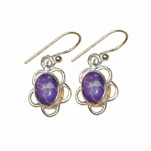 Oval Shape Purple Copper Turquoise 925 Sterling Silver Dangle Earrings