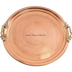 Plateau de service arabe en métal gravé au look royal Plats et plateaux fantaisie avec poignée Plateau de table décoratif en cuivre - Product Image 3