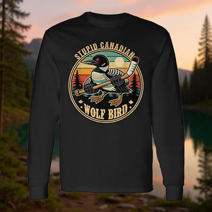 T-shirt vintage a maniche lunghe con stampa Heated Hookey Loon Mem, design con lupo canadese e uccello, stile retrò, t-shirt promozionale - Product Image 3