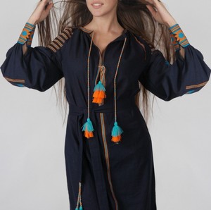 Vestidos Maxi de Algodón 100% Natural Tejido, Estilo Casual, Color Negro, para Mujer, con Cuello Plisado, los Más Vendidos en Tiendas Boutique, Misma Calidad - Product Image 1