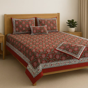 Sang Trọng Jaipuri Siêu Vua Kích Thước (108*108 ") Tấm Ga Giường Được Làm Thủ Công 100% Tinh Khiết Bông Màu Đỏ Màu Xanh Lá Cây Tay Khối In Bộ Đồ Giường - Product Image 1