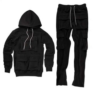 Survêtements de jogging avec poches cargo Automne et hiver Streetwear Ensemble 2 pièces en molleton de coton Pantalon et sweat à capuche pour homme - Product Image 3