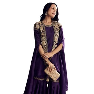 Traje Sharara de seda púrpura con capa Zari bordada para mujeres elegantes Ropa de fiesta tradicional y traje de invitado de boda - Product Image 4