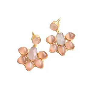 Rose Quartz drop earrings Natural quartz fashion jewelry Wholesale Supply Rose Quartz gold earring statement high quality models