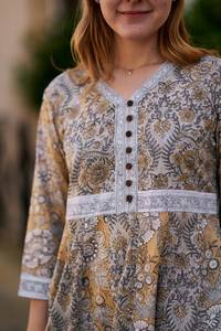Bohemian Mimosa Dress Hand Block Printed Cotton Dress Yellow <b>White</b> Grey Summer Casual Wear - Product Image 5