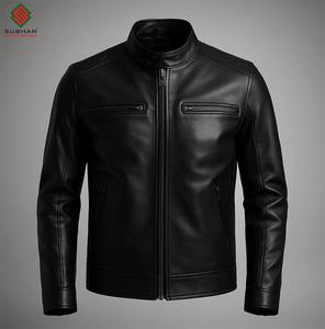Men's Black <b>Synthetic</b> <b>Leather</b> Winter Casual Slim Fit Mandarin Collar Zipper Closure Solid Color Bomber Jacket - Product Image 1